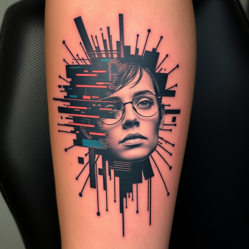 Glitch art tattoo called "Digital Disruption" depicting a distorted and fragmented image that appears to be breaking apart into pixels and static, creating a modern and unconventional aesthetic inspired by technology