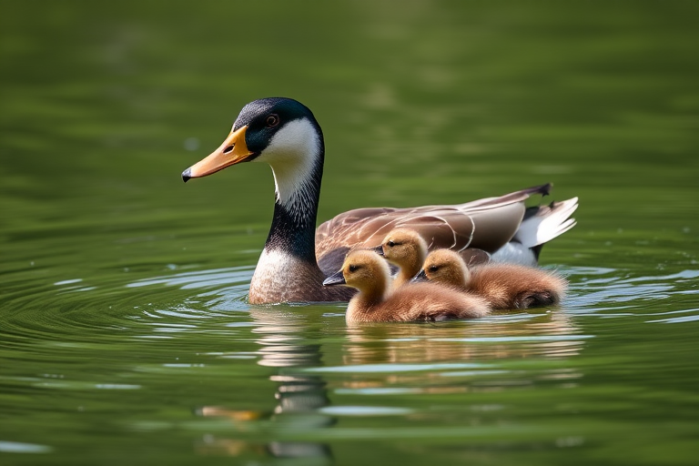 A mother duck swimming with her ducklings in calm green water, shallow depth of field, f-stop 2.8, ISO 200, shutter speed 1/1000s, captured from a low angle with a DSLR camera in natural light.