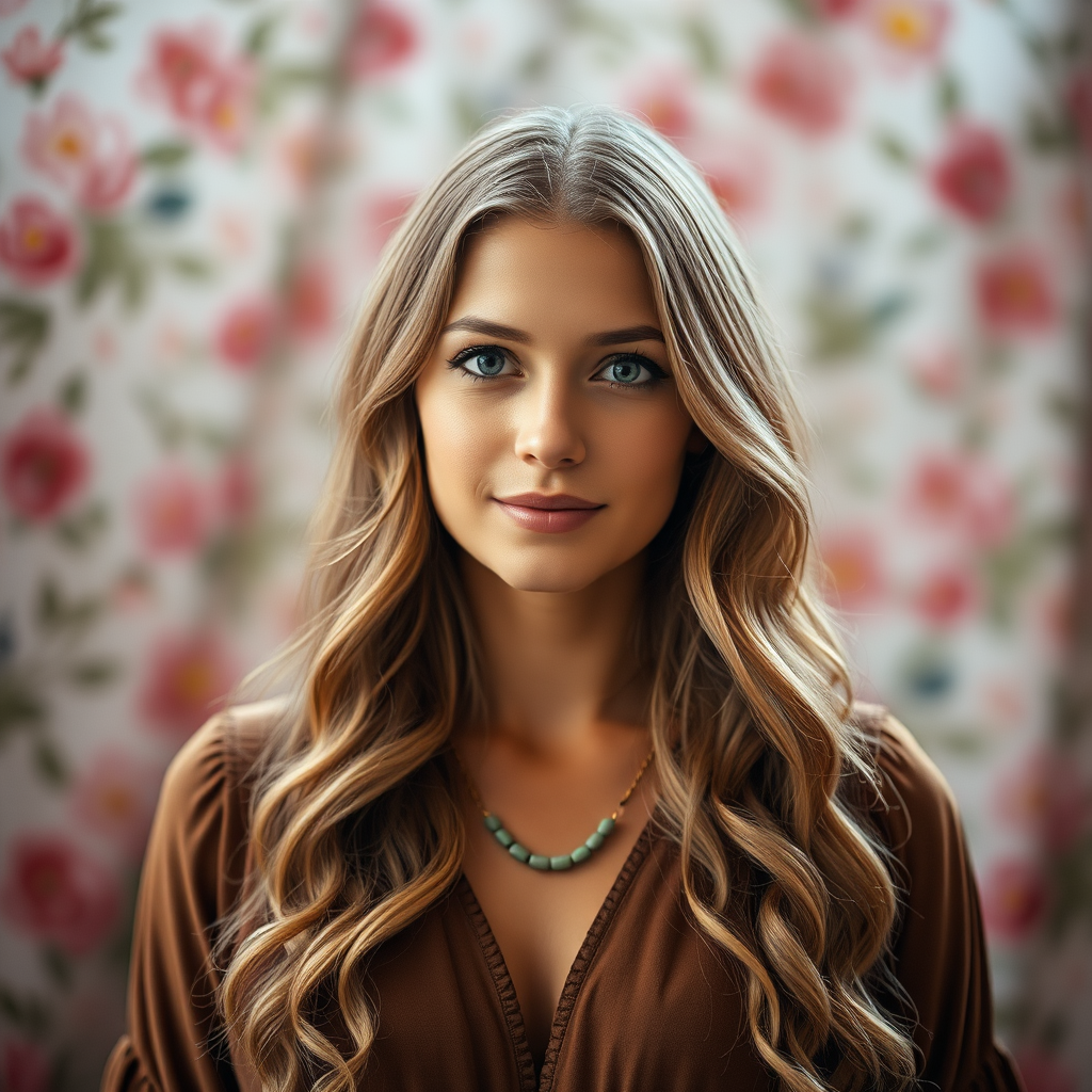Portrait of a woman with long, wavy hair and a serene expression, wearing a brown dress with a delicate green necklace, softly lit with a blurred floral background, shot with a Canon EOS R5, 85mm lens, f/1.8 aperture, ISO 100, natural light, high dynamic range.