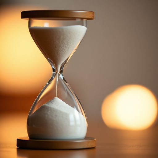 Create a high-resolution image of a classic hourglass with flowing sand, using a DSLR camera, 50mm lens, f/2.8 aperture, 1/60 sec shutter speed, and ISO 100, captured in a soft light setting for enhanced contrast and clarity.