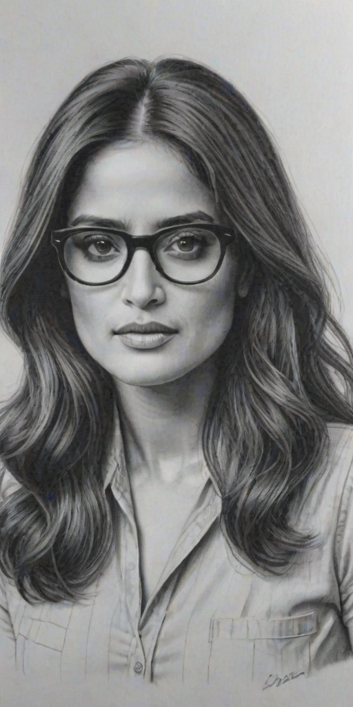 Stunning Salma Hayek, pencil sketch, portrait of Resplendent woman 1974s in glasses, hair style beatnik, outline, clear lines, fine lines, 8k