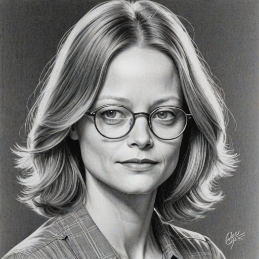 Fascinating Jodie Foster, pencil sketch, portrait of Delightful woman 1971s in glasses, hair style beatnik, outline, clear lines, fine lines, 8k