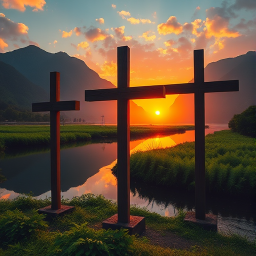 A serene landscape at sunset featuring three large wooden crosses in the foreground, reflected in a calm river surrounded by lush ferns and green mountains, taken with a Canon EOS R5, 24mm lens, f/8 aperture, ISO 200, in a vibrant and dramatic style.