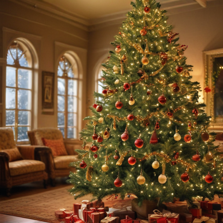 Cozy Living Room with a Beautifully Decorated Christmas Tree and Gifts