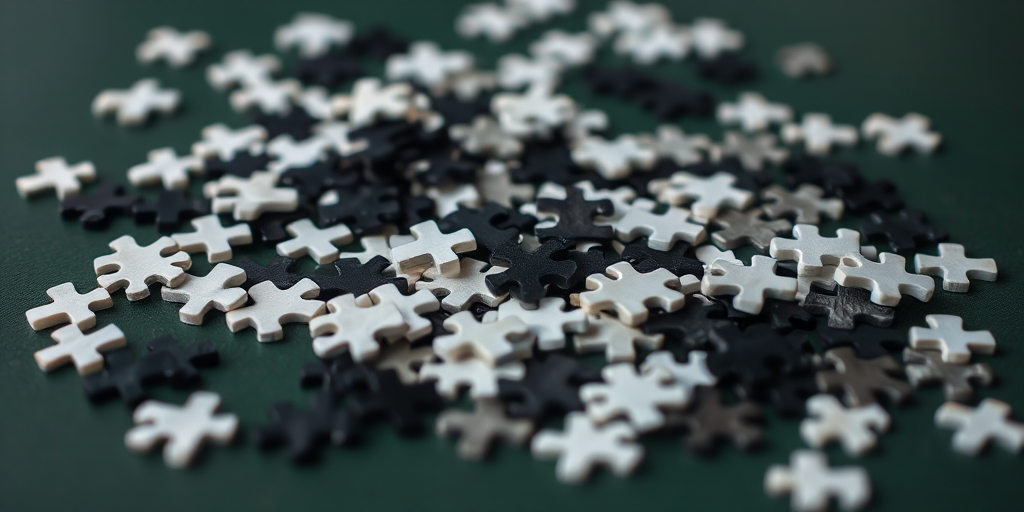 a close-up shot of a scattered pile of black and white jigsaw puzzle pieces on a dark green surface, taken with a DSLR camera at f/2.8, 50mm lens, ISO 100, natural lighting, shallow depth of field for emphasis on details.