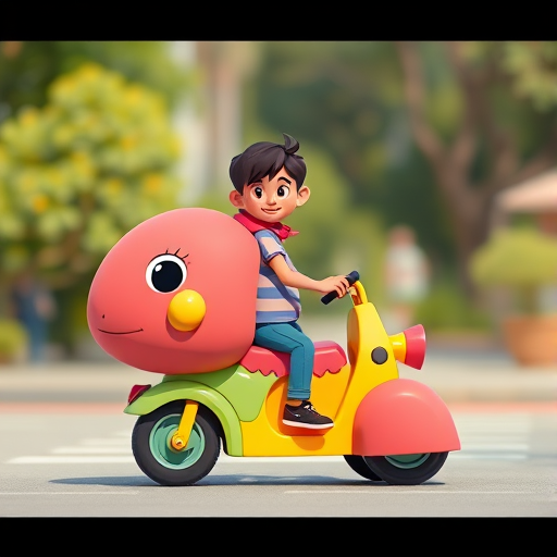 Create a cartoon-style illustration of a whimsical creature resembling a colorful flat vehicle with a person riding it, using a vibrant and playful color palette, shot with a DSLR camera at f/4 aperture, 50mm lens, natural lighting, and a shallow depth of field.