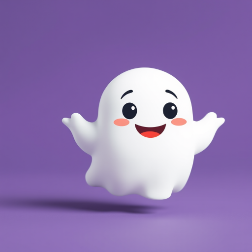 Generate a cute cartoon ghost character with a happy expression on a solid purple background, using a Canon EOS R5 camera, 50mm lens, f/1.8 aperture, ISO 100, and natural light for enhanced image quality.