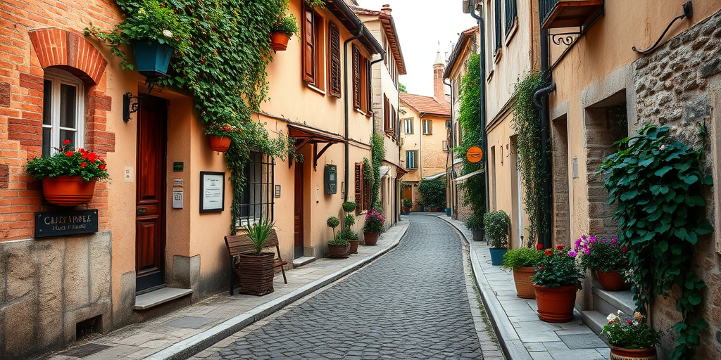 quaint cobblestone alleyway lined with charming houses adorned with flower pots, ivy creeping up walls, soft afternoon light, aperture f/8, shutter speed 1/125s, ISO 400, taken with a DSLR camera, wide-angle lens, soft focus for a dreamy effect