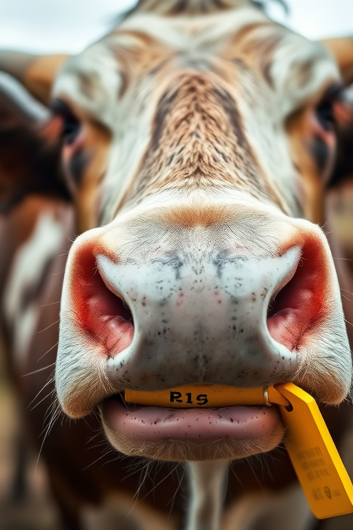 Close-up shot of a cow's nose with a yellow tag in its mouth, capturing texture and details, aperture f/2.8, ISO 200, shutter speed 1/200s, 50mm lens, natural lighting, DSLR camera.
