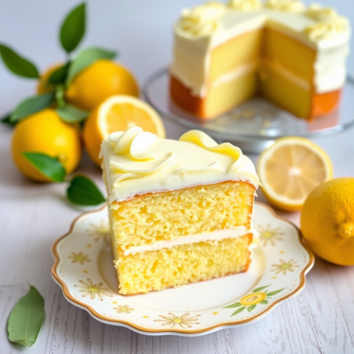 A delicious slice of lemon cake with creamy lemon frosting on a decorative white plate surrounded by fresh lemons and a whole lemon cake in the background. The scene captures a bright and fresh atmosphere perfect for a dessert display.
