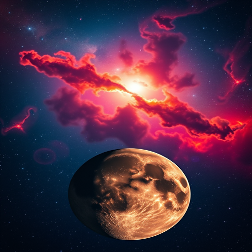 Generate a vibrant cosmic scene with a detailed planet in the foreground and a vivid nebula in the background, using a Canon EOS R5, 24mm lens, f/2.8 aperture, ISO 400, 30-second exposure, captured from a wide-angle view to enhance depth and color richness.