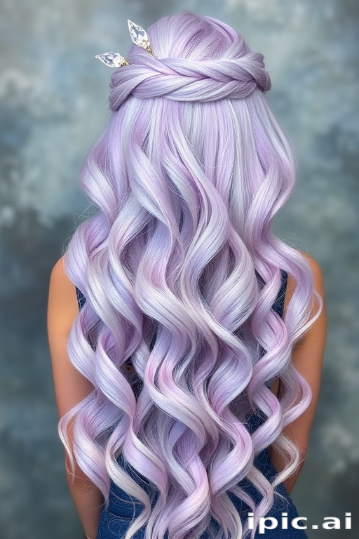Ethereal pastel lavender mermaid waves called "Moonlit Cascade" cascading down to the waist, shimmering with iridescent undertones and adorned with delicate crystal hair pins