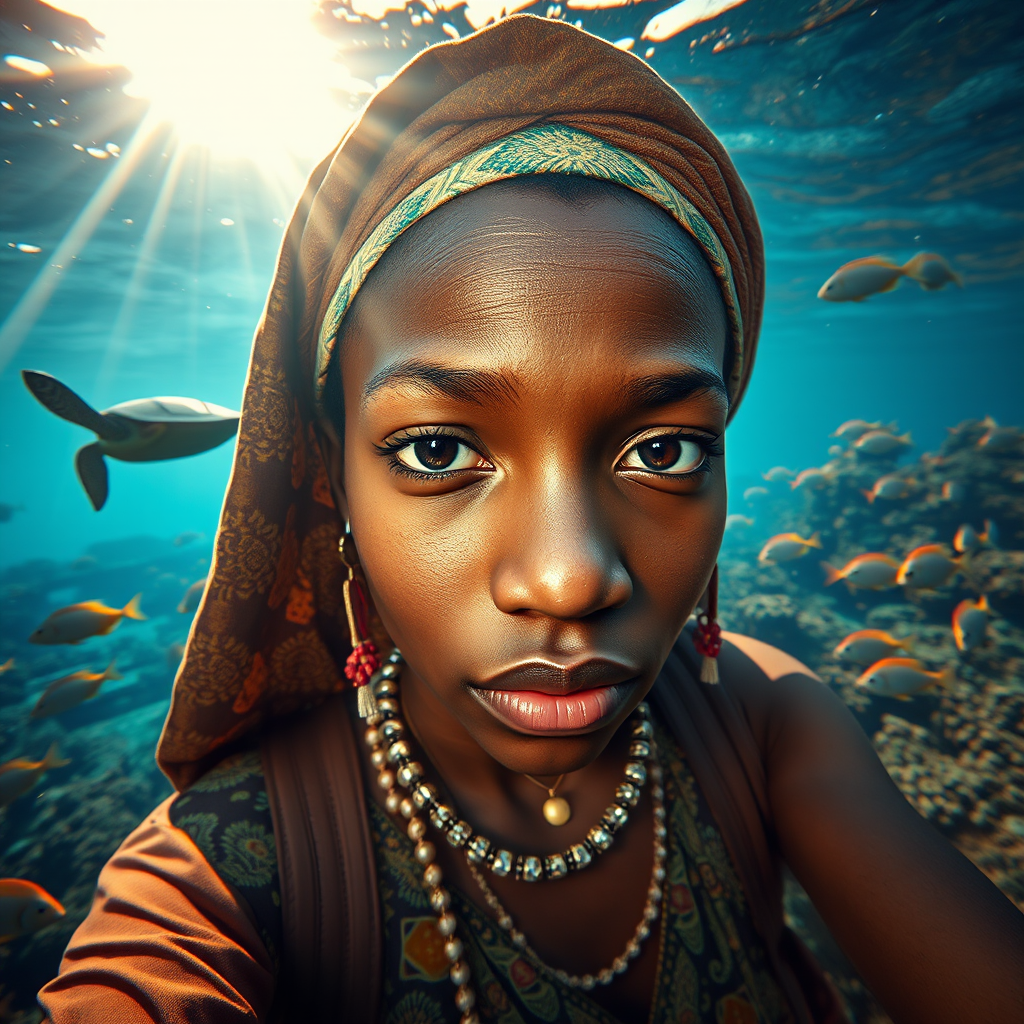 Realistic selfie image of a Oromo, wearing a vintage outfit, detailed dreamy eyes, droopy hooded eyes, staring at the camera, taken underwater at coral reef with a sunbeam filtering through the water, vibrant, summer vacation, natural lighting, turtle and school of tropical fish with vibrant colors, rendered in the style of CryEngine, Pegi Nicol MacLeod, with realistic genre scenes, hauntingly beautiful narratives, ultra-realism, and Thomas Saliot's close-up technique, 8K resolution, crystal clear and sparkling water.