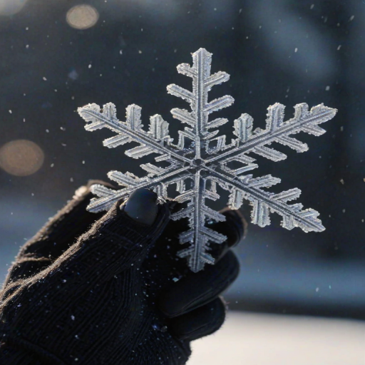 Sharp, detailed close-up of a single snowflake on a dark woolen glove, its intricate patterns illuminated by soft winter light, with distant snow falling gently in the background.