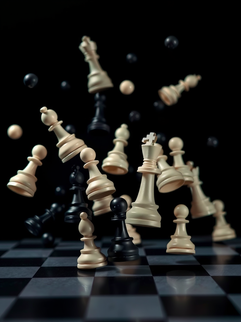 create a visually striking image of chess pieces in mid-air with a dark background, showcasing a mix of black and white pieces randomly suspended in space with a sense of motion and depth