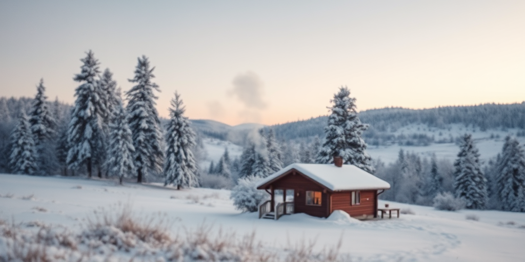 A peaceful winter landscape with a cozy cabin emitting smoke, surrounded by snow-covered trees and gentle hills in the background, captured with a DSLR camera at f/8, ISO 200, 50mm lens in soft focus style for enhanced clarity and depth.