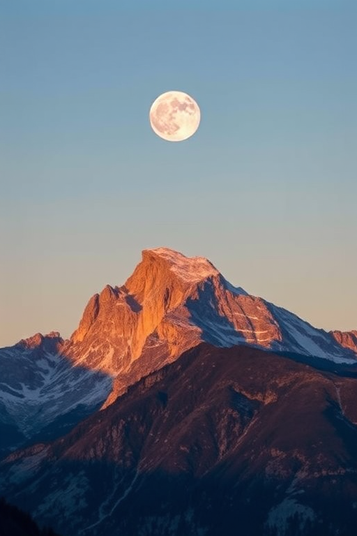 high-resolution landscape photo of a mountainous terrain under a clear sky with a large full moon in the background, captured using a DSLR camera, 50mm lens, aperture f/8, ISO 100, shutter speed 1/200s, shot at sunrise for soft lighting, with a slight elevation view to emphasize the mountain's texture and detail