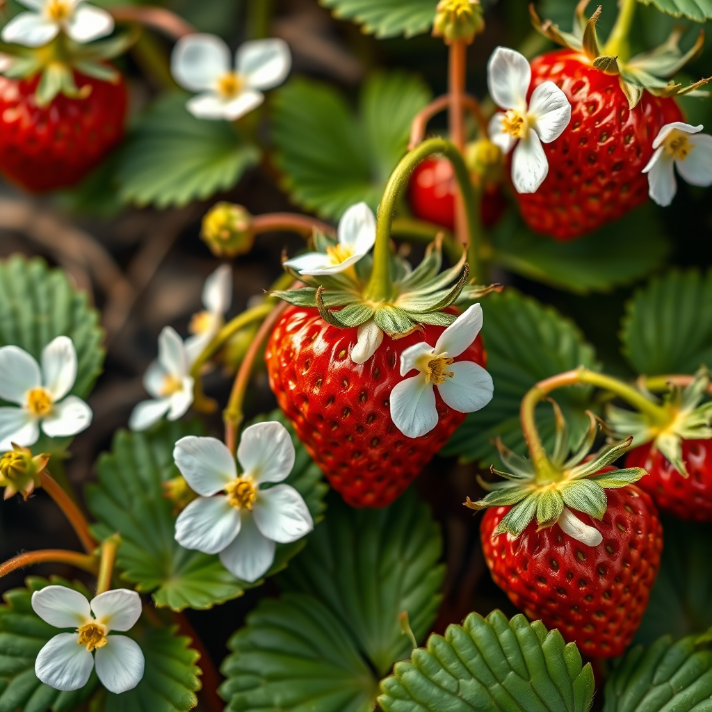 Create a high-resolution illustration of strawberry plants with white flowers and green leaves, using a macro lens to capture intricate details, shot at f/2.8, ISO 100, with natural lighting for vibrant colors and sharpness, in an artistic botanical style.