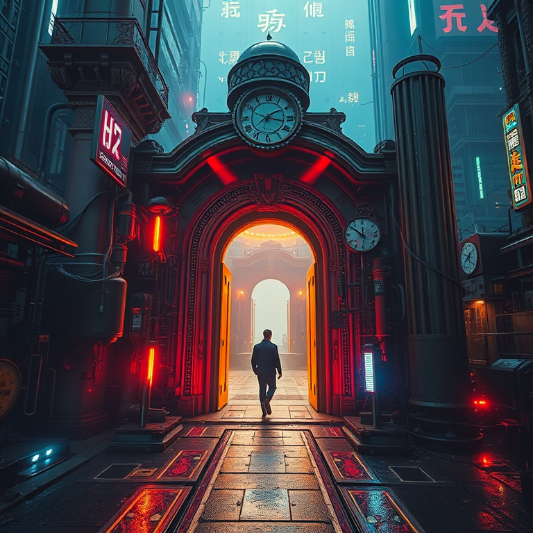 A surreal cityscape with a figure walking through a large, ornate portal surrounded by intricate machinery, vibrant neon lights and a mysterious atmosphere, captured with a Nikon D850, 35mm lens, f/2.8 aperture, ISO 100, and a soft focus effect for depth.