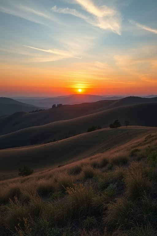 Create an image of a serene landscape featuring rolling hills and a sunset, captured with a Nikon D850 using a 24-70mm lens at f/8, ISO 100, 1/125s, in landscape orientation with a wide-angle perspective for enhanced detail and depth.