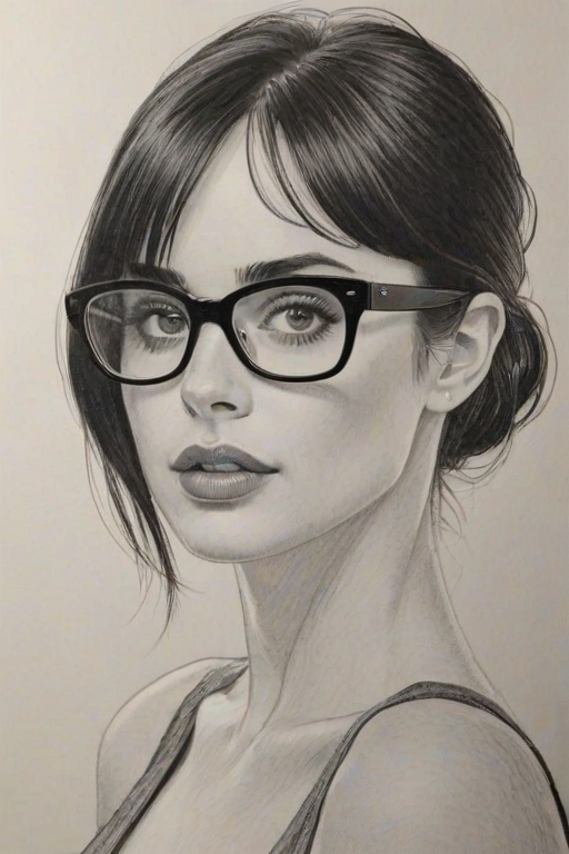 Enticing Krysten Ritter, pencil sketch, portrait of Gorgeous woman 1968s in glasses, hair style beatnik, outline, clear lines, fine lines, 8k