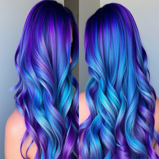 Mesmerizing holographic hair color shifting from purple to blue to green, styled in mermaid waves for an otherworldly "Galactic Siren" look