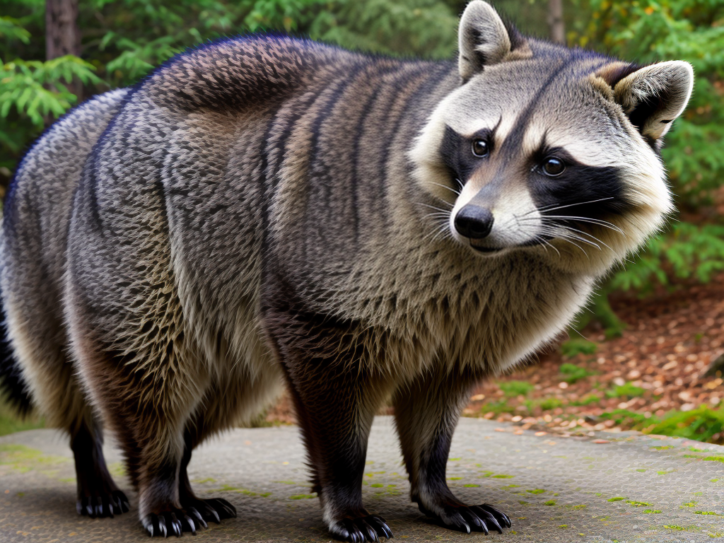 Big Male raccoon with Grey fur, staying on hindlegs with a blue west ...
