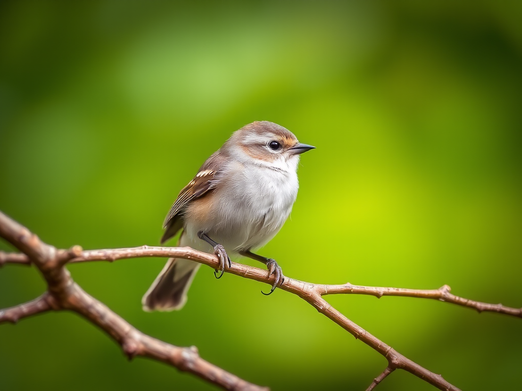 Capture a close-up of a small bird perched on a branch, sharp focus on the bird with a blurred green background, 50mm lens, aperture f/2.8, shutter speed 1/250s, ISO 400, using a DSLR camera with natural lighting.