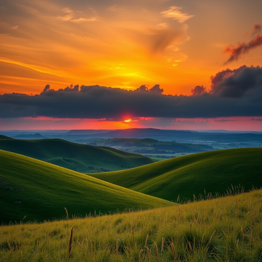 landscape of rolling hills and fields under a dramatic sky at sunset, golden light illuminating the grass, captured with a Canon EOS 5D Mark IV, 24mm lens, f/8 aperture, ISO 100, 1/200 sec exposure, wide-angle view for depth and clarity, vibrant colors with high dynamic range