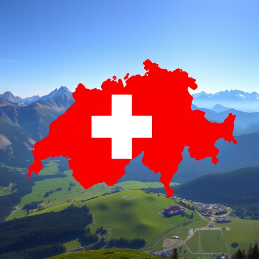 Create a high-resolution image of the Swiss flag overlaying a silhouette of Switzerland, using a wide-angle lens with f/8 aperture, ISO 100, and 24mm focal length, capturing vibrant colors and sharp details.