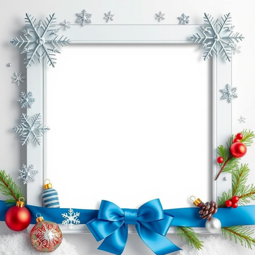 Create a digital illustration of a holiday-themed photo frame with a blank center for a photo, adorned with silver and blue snowflakes, a decorative blue ribbon, and festive elements like ornaments and pine leaves, captured with a Canon EOS R5, 50mm lens, f/2.8 aperture, natural lighting, and a vibrant color palette.