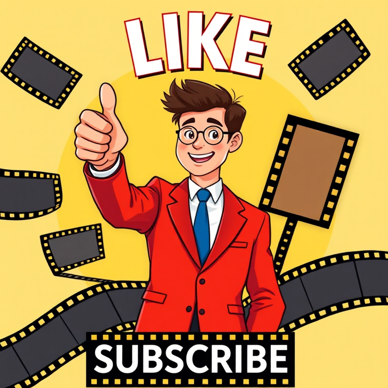 Generate a digital illustration of a person in a red suit giving a thumbs up, surrounded by film strips, with a bold title "LIKE" above and "SUBSCRIBE" below, using a Canon EOS R5 camera, aperture f/2.8, shutter speed 1/125s, ISO 100, shot from a 45-degree angle, in a vibrant flat design style.