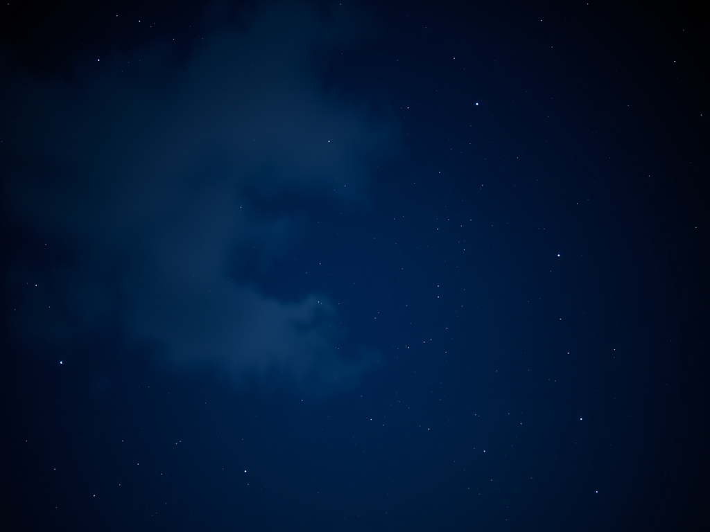 Create a minimalist night sky background with dark blue tones and soft gray cloud shapes surrounded by white stars, using a DSLR camera with a 50mm lens, f/1.8 aperture, ISO 100, and a shallow depth of field to enhance image quality and detail.