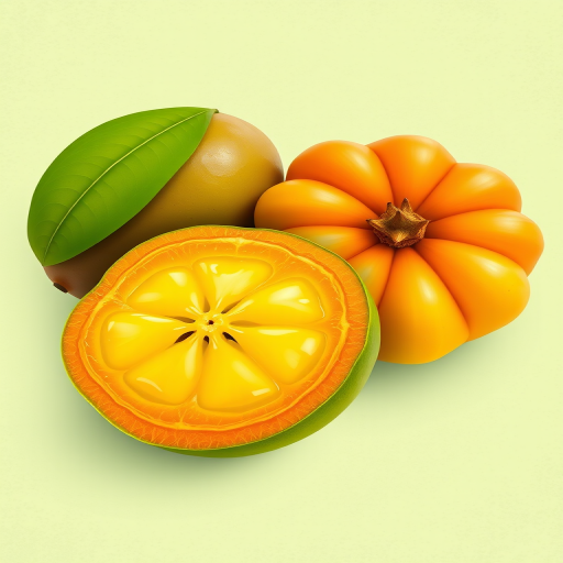 create a vector-style illustration of three colorful fruits including sapote and other tropical fruits with a light green textured background, using a Canon EOS R5 with a 50mm lens, aperture f/2.8, ISO 100, and a shallow depth of field for enhanced detail and vibrancy.