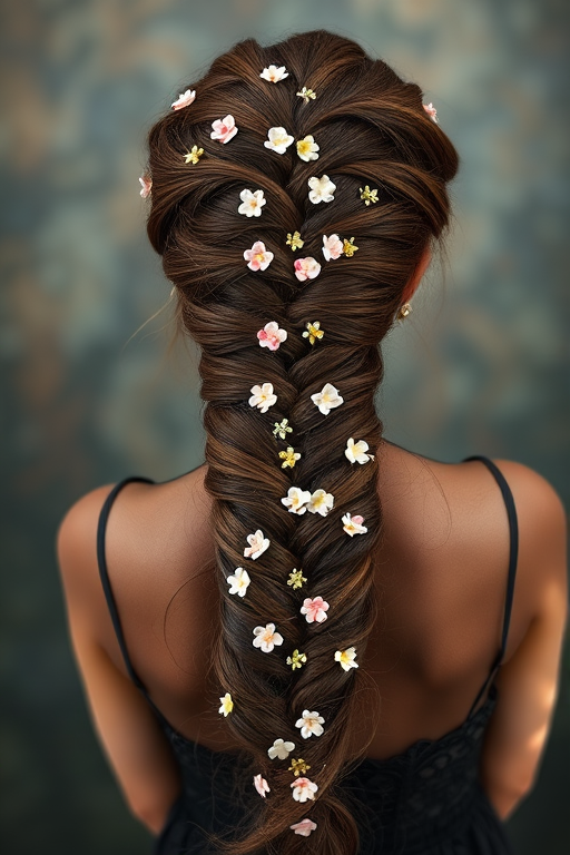 Romantic chocolate brown mermaid braid adorned with tiny flowers, cascading down the back for a whimsical and enchanting appearance