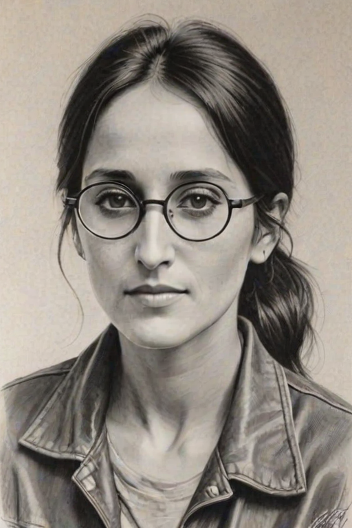 Splendid Joan Baez, pencil sketch, portrait of Pleasing woman 1960s in glasses, hair style beatnik, outline, clear lines, fine lines, 8k