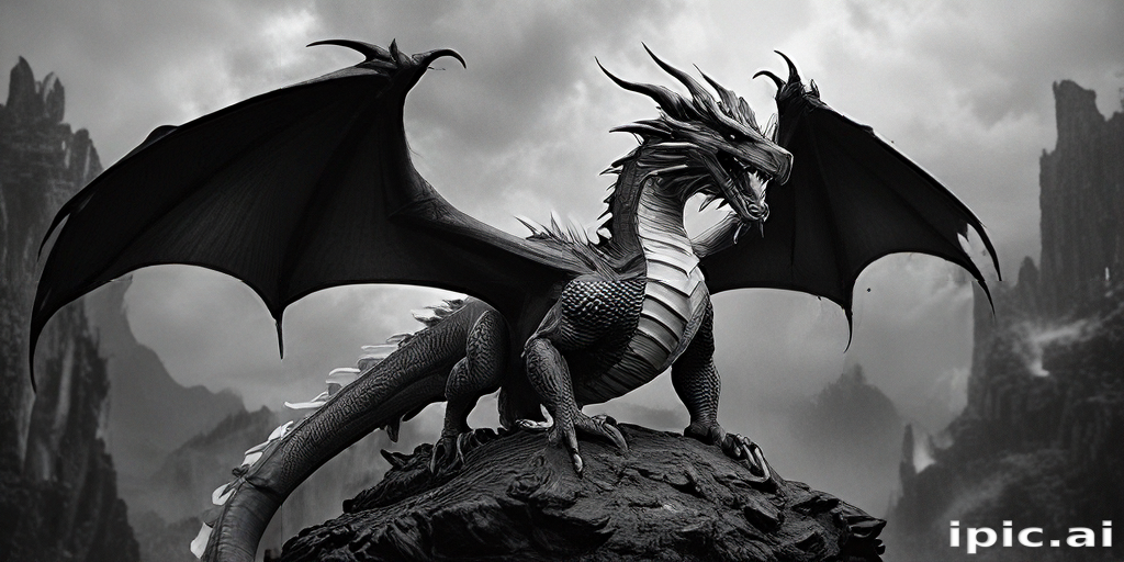 A Majestic Black Dragon Perched on a Rocky Outcrop Under Stormy Skies