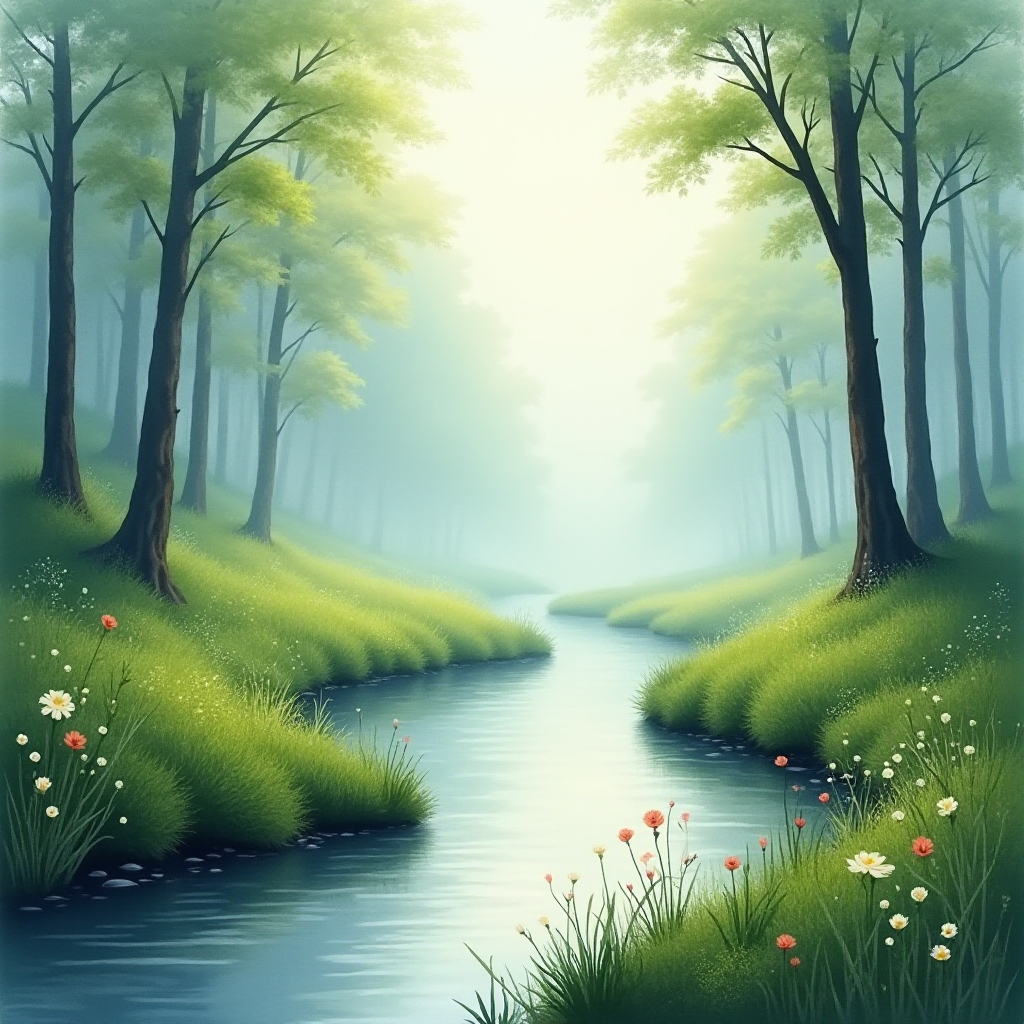A peaceful, misty forest scene with a gently flowing stream at the center, reflecting the soft, cool light of the early morning. Lush green grass and wildflowers border the stream. Trees with thin trunks stand tall in the background, fading into a misty, hazy atmosphere, in a superfine watercolor style.