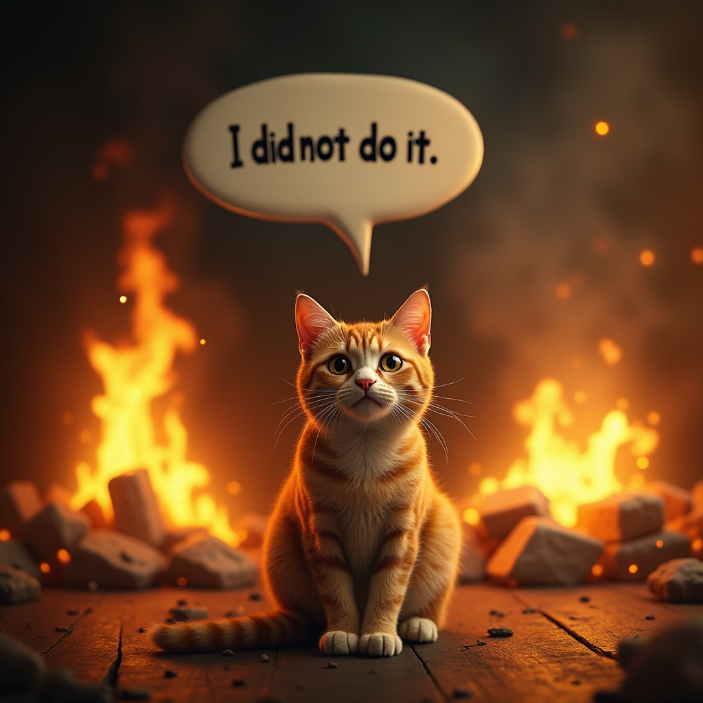 Photorealistic image of an innocent-looking cat sitting calmly in the middle of a burning room. Flames engulf the room, with fire licking up the walls and smoke filling the air. The cat is sitting on the floor, looking directly at the viewer with wide, innocent eyes. Above the cat, a speech bubble says "I did not do it" The contrast between the cat's calm demeanor and the chaos around it creates a humorous and surreal scene.