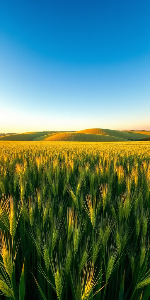 Regenerate a vibrant green wheat field with rolling hills under a clear blue sky, wide-angle view, aperture f/8, ISO 100, 1/200 sec, DSLR camera, golden hour lighting, enhanced sharpness and contrast.