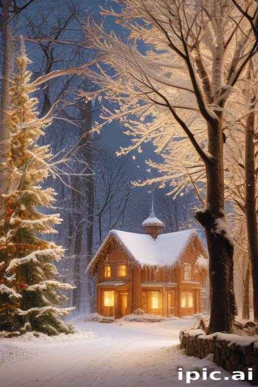 Cozy Winter Cabin Surrounded by Snowy Trees and Soft Evening Glow