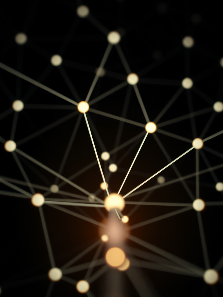 Create an abstract representation of a network of interconnected nodes with bright points of light on a dark background, using a DSLR camera, 50mm lens, f/1.8 aperture, ISO 100, 1/60 sec shutter speed, shot from a bird's-eye view with macro focus to enhance detail and clarity.