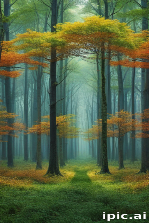 A Tranquil Forest Path with Vibrant Autumn Leaves and Misty Atmosphere