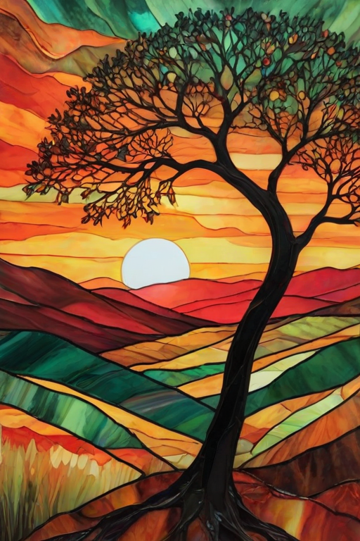 A vibrant abstract painting on Tiffany Glass, blending acrylic and alcohol ink techniques, captures a dramatic sunset over rolling hills. The artwork features a textured, rocky foreground in green and brown, layered abstract hills, and a striking sunset in rich oranges, yellows, and reds. A solitary black tree with intricate branches contrasts against the fiery sky, creating a dynamic and expressive portrayal of a breathtaking natural scene.