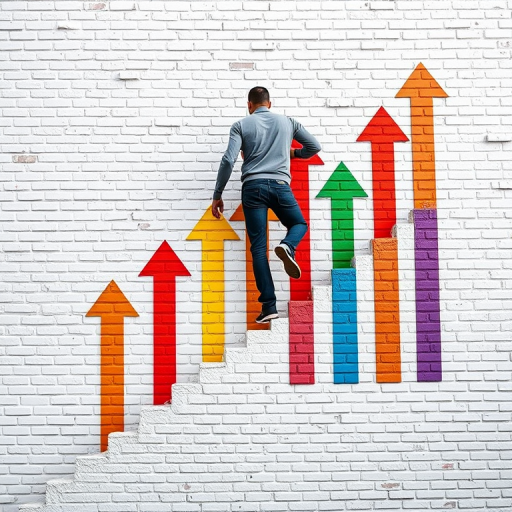 Regenerate the image of a person climbing steps beside colorful upward arrows on a textured white brick wall background, captured with a Canon EOS R5, 50mm lens, f/1.8 aperture, ISO 100, in soft natural light for enhanced clarity and detail.