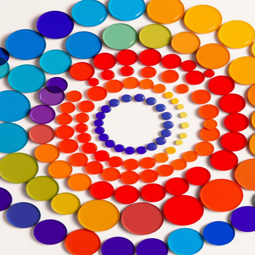 Create a vibrant circular pattern of varying sized circles in a spectrum of colors from blue to red on a white background, using a Canon EOS R5 with a 50mm lens at f/8, ISO 100, 1/125s exposure in macro photography style for high detail and clarity.