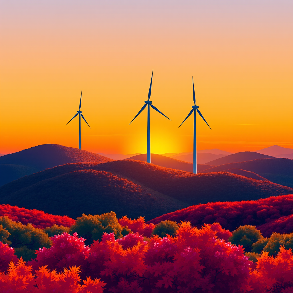 Create a vibrant digital illustration of three wind turbines on a colorful landscape featuring rolling hills with foliage, using a soft gradient sunset background; camera settings: aperture f/8, ISO 100, shutter speed 1/200s; camera view: wide angle; camera style: digital painting; camera type: mirrorless.