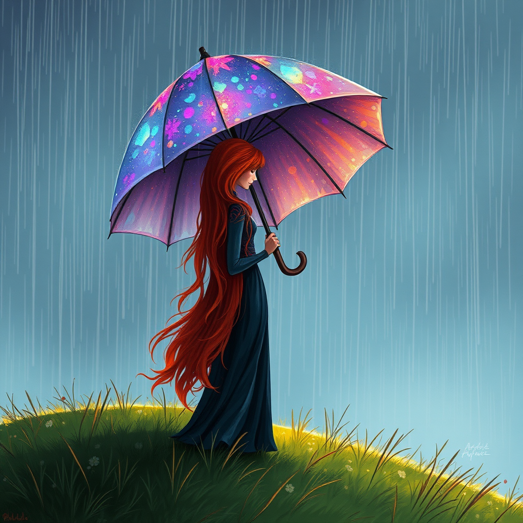 A surreal hand-drawn digital artwork depicting a mysterious red-haired woman standing on a grassy hill under the rain. She holds an umbrella crafted from iridescent zircon, its vibrant sheen contrasting with the soft, rainy atmosphere. The scene feels dreamlike, blending the natural elements of the hill and rain with the otherworldly shimmer of the umbrella.
