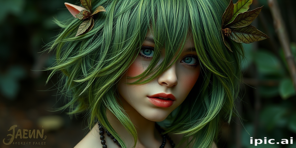 Enchanting forest green-haired nymph with a tousled, layered bob featuring leaf-like textures and nature-inspired accessories