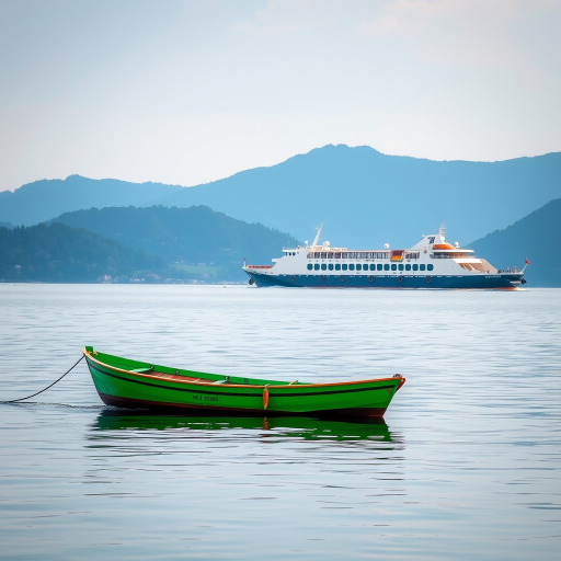 Generate an image of a scenic lake view with a small green boat in the foreground and a larger passenger ship in the background, using a Canon EOS 5D Mark IV camera, aperture f/8, shutter speed 1/125 sec, ISO 100, wide-angle lens, with soft morning light and calm water reflections.